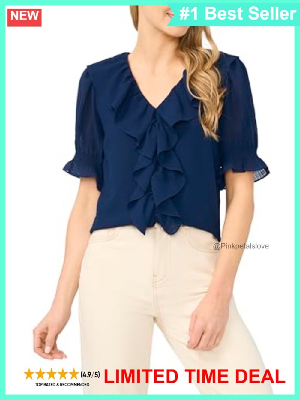 Ruffled Pintuck Elbow Sleeve Blouse V-Neck Button Detail Top